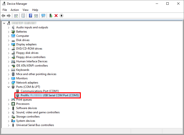 A screenshot of the Windows 10 "Device Manager", showing that a USB thermometer, labeled "Prolific [CENSORED] USB Serial COM Port", is connected under the port name "COM3"